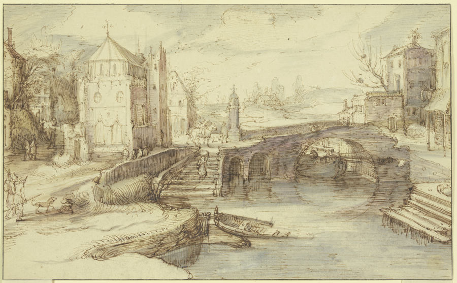 Stadtansicht mit einer Brücke, unter welcher ein Schiff durchfährt, dabei eine Treppe, die eine Frau de Willem van Nieulandt