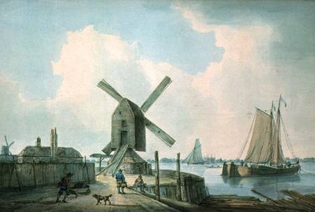 A Shore Scene with Windmills and Shipping de William Anderson