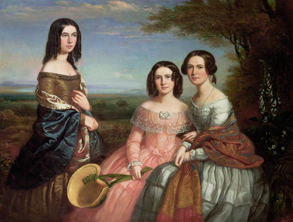 Group portrait of three girls in a landscape de William Baker