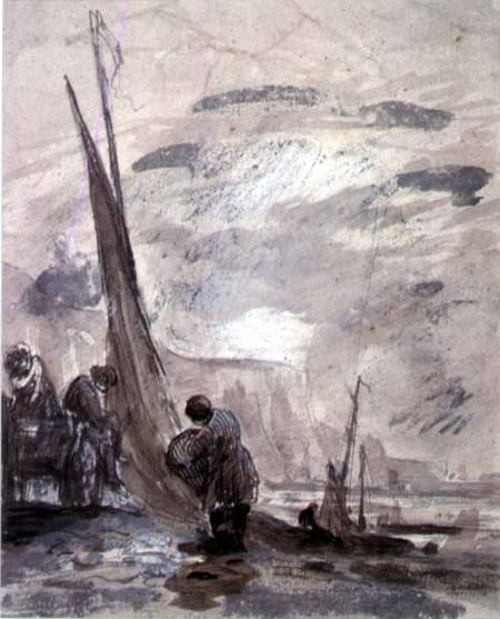 Figures with Cart and Boats on the shore, near cliffs de William Collins