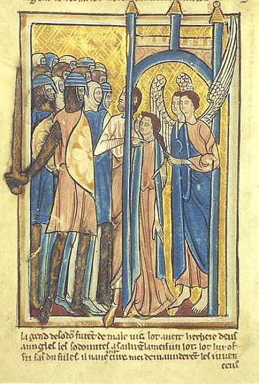 Lot offering his daughters to the inhabitants of Sodom, from a book of Bible Pictures, c.1250 de William de Brailes