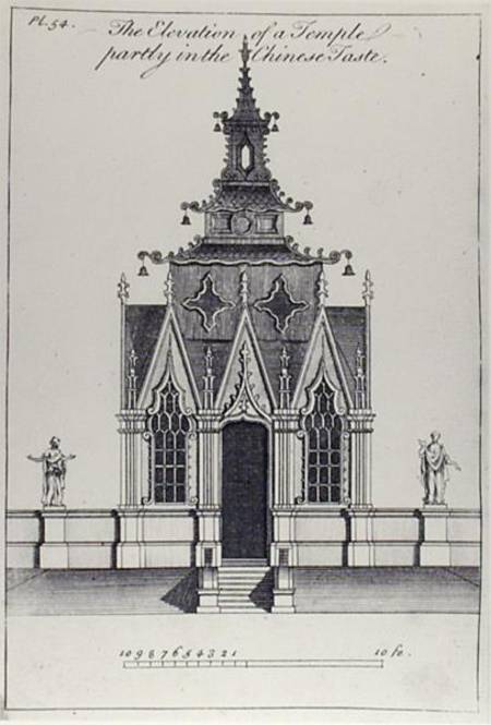 The Elevation of a temple partly in the Chinese Taste, from 'New Designs for Chinese Temples' de William Halfpenny