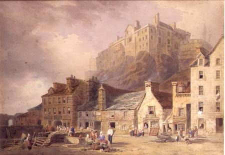 Edinburgh Castle from the Grass Market, showing the Little West Port de William Henry Stothard
