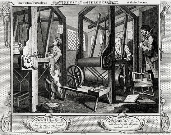 Industry and Idleness, The Fellow''Prentices at their Looms, plate 1 de William Hogarth