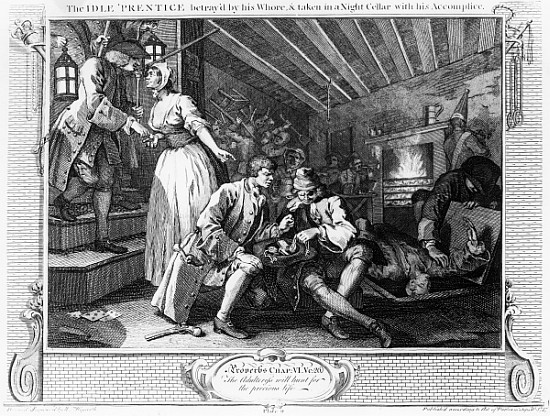 The Idle ''Prentice Betrayed by a Prostitute, plate IX of ''Industry and Idleness'' de William Hogarth