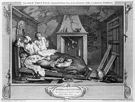 The Idle ''Prentice Returned from Sea, and in a Garret with a common Prostitute'', plate VII of ''In de William Hogarth
