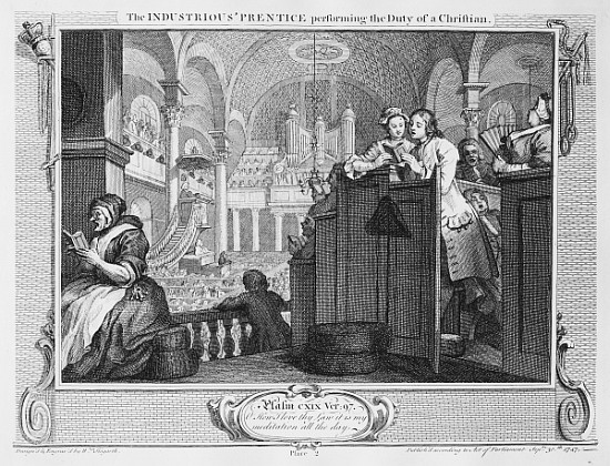 The Industrious ''Prentice Performing the Duty of a Christian, plate II of ''Industry and Idleness'' de William Hogarth