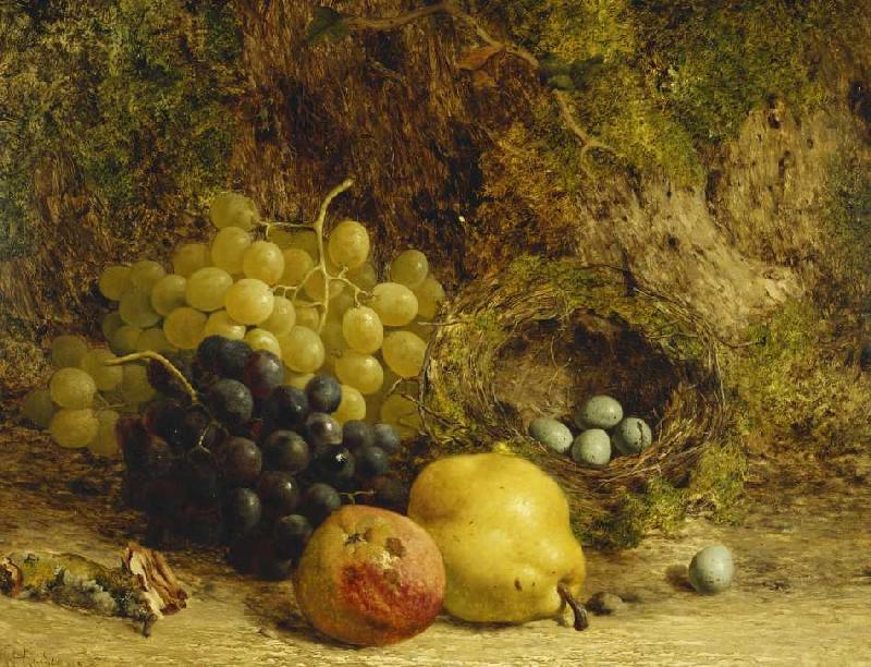 Trauben, ein Apfel, eine Birne und ein Vogelnest auf Moos de William Hughes