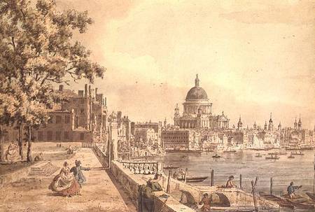 A copy of part of a drawing by Canaletto, of St. Paul's Cathedral from the Terrace of Somerset House de William James