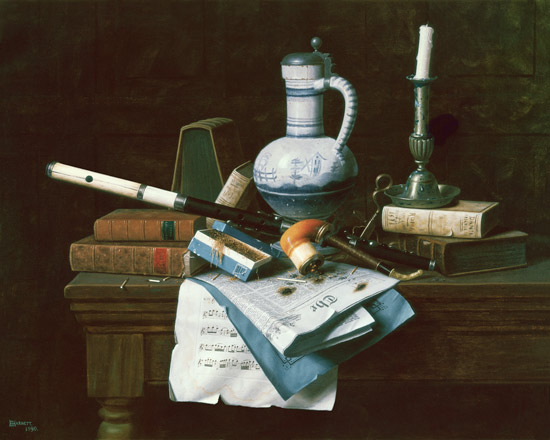 Quiet life with flute, pipe, books and other utens de William Michael Harnett