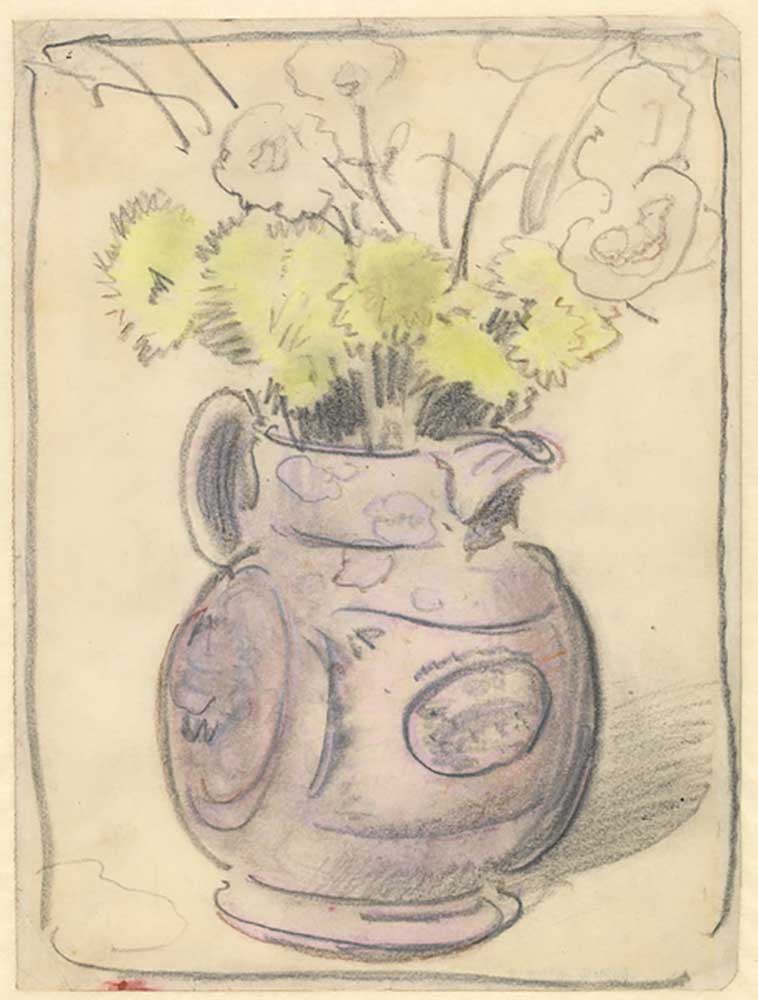 Vase of flowers: yellow chrysanthemums in a lustre jug de William Nicholson