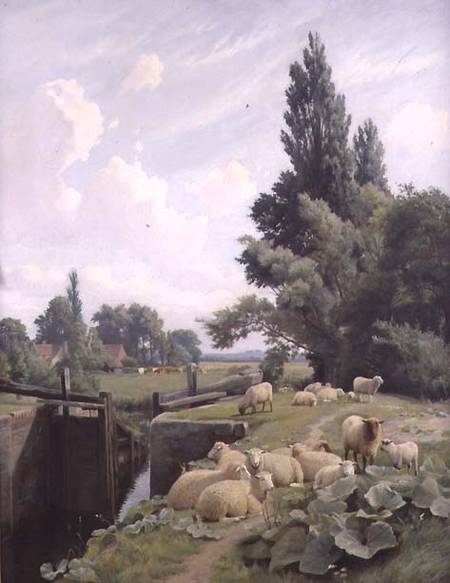 Landscape with a Canal Lock and a Flock of Sheep de William Sidney Cooper
