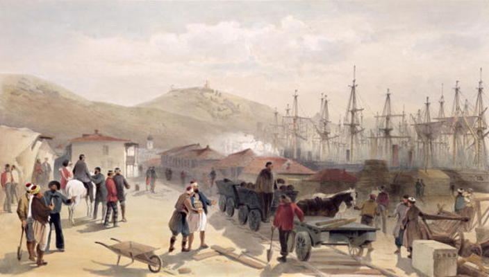 The Railway at Balaklava, plate from 'The Seat of War in the East', 1856 (colour litho) de William Simpson