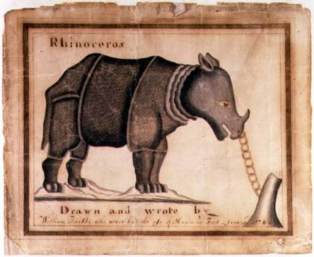 'Rhinoceros, drawn and wrote by William Twiddy who never had the use of hands or feet' de William Twiddy