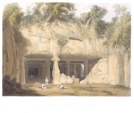 Exterior of the Great Cave Temple of Elephanta, near Bombay, in 1803, from Volume II of 'Scenery, Co de William Westall