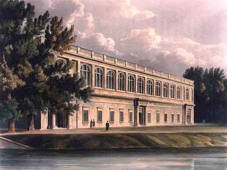 Exterior of Trinity Library from St. John's Gardens, Cambridge, from 'The History of Cambridge', eng de William Westall