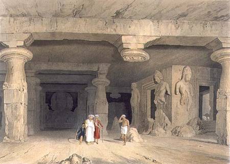 Interior of the Great Cave Temple of Elephanta, near Bombay, in 1803, from Volume II of 'Scenery, Co de William Westall