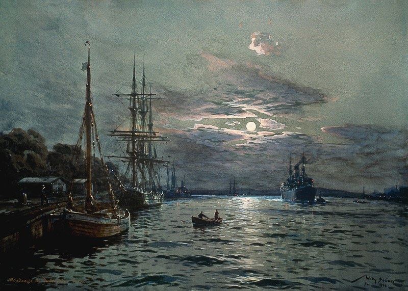 Mondnacht im Hafen von Swinemünde de Willy Stöwer