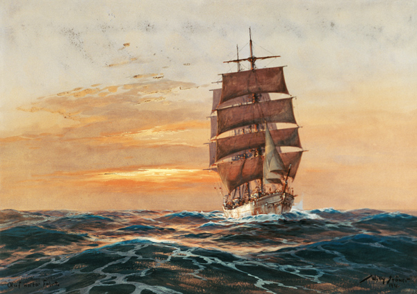 Vollschiff vor untergehende Sonne de Willy Stöwer