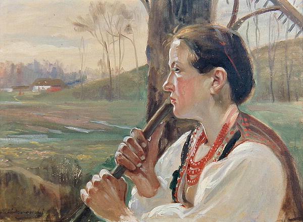 Girl with Rake, c.1914 (oil on board)  de Wincenty Wodzinowsky