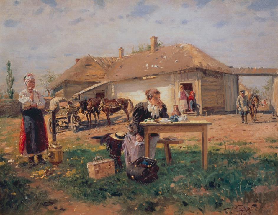 Die Ankunft der Lehrerin auf dem Dorfe de Wladimir Jegorowitsch Makowski
