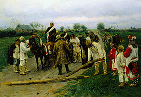 The wedding procession on the village de Wladimir Jegorowitsch Makowski