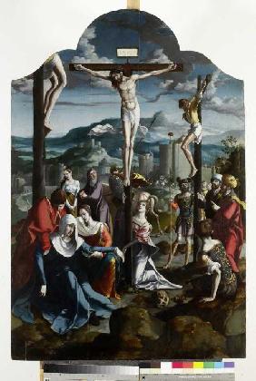 Triptychon mit der Kreuzigung Christi, Heiligen und Stifterfamilie. Mitteltafel: Kreuzigung Christi.