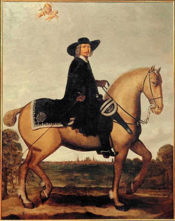 Christoph Bernhard von Galen zu Pferde vor der Silhouette M de Wolfgang Heimbach