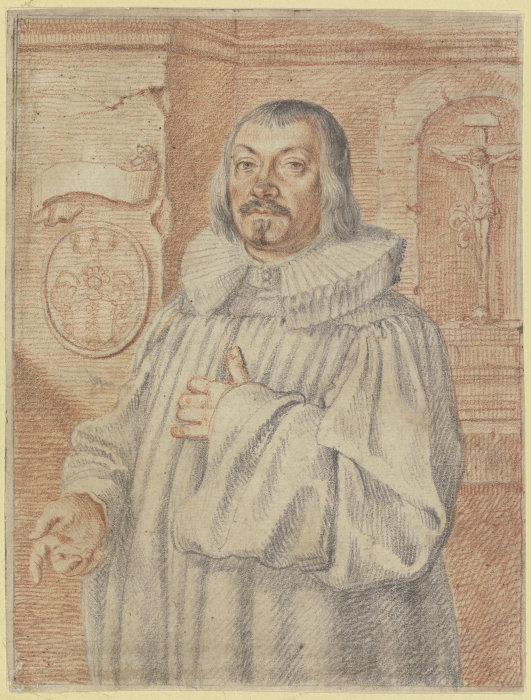Bildnis eines protestantischen Predigers, links ein Wappen mit drei Blumen, rechts ein Kruxifix de Wolfgang Kilian