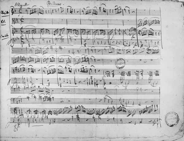 Ms.222 fol.6 Trio, in E flat major ''Kegelstatt'' for piano, clarinet, violin and viola (K 498) 1786 de Wolfgang Amadeus Mozart