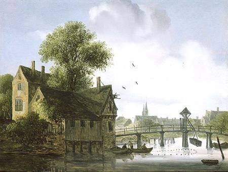 A Town on a river with a bridge de Wouter Knyff