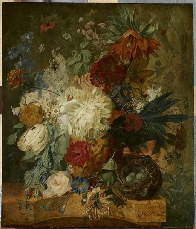 Stillleben mit Blumenstrauß und Vogelnest. de Wybrand Hendriks