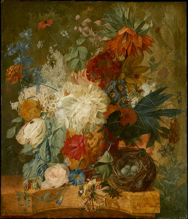 Still Life with Bouquet of Flowers and Birds Nest de Wybrand Hendriks