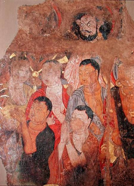 Group of monks and Buddha, from the Shikshin Monastery, Karashar de Xingjiang