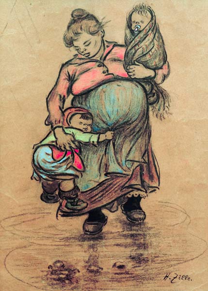 H.Zille, Mutter mit zwei Kindern de Heinrich Zille